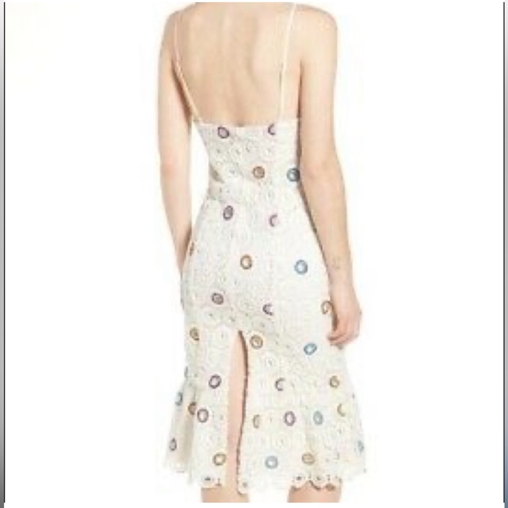 Lovers + Friends White Eyelet Backless Midi Dress with Multicolor Dot Embroidery